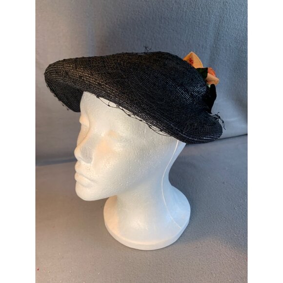 Abramson's Ladies Black Hat with Silk Flower and Velvet Button Vintage - Picture 4 of 10